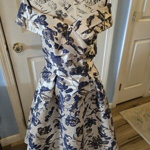 Oleg Cassini Champagne Off The-Shoulder Dress with Navy and Gold Floral